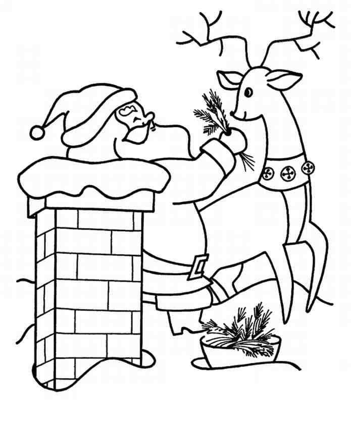 New Santa And Reindeer In Christmas Coloring Page