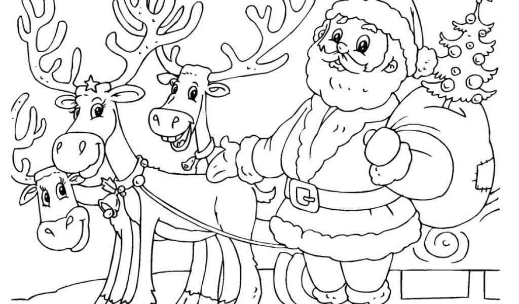 Santa And Reindeer In Christmas Coloring Page