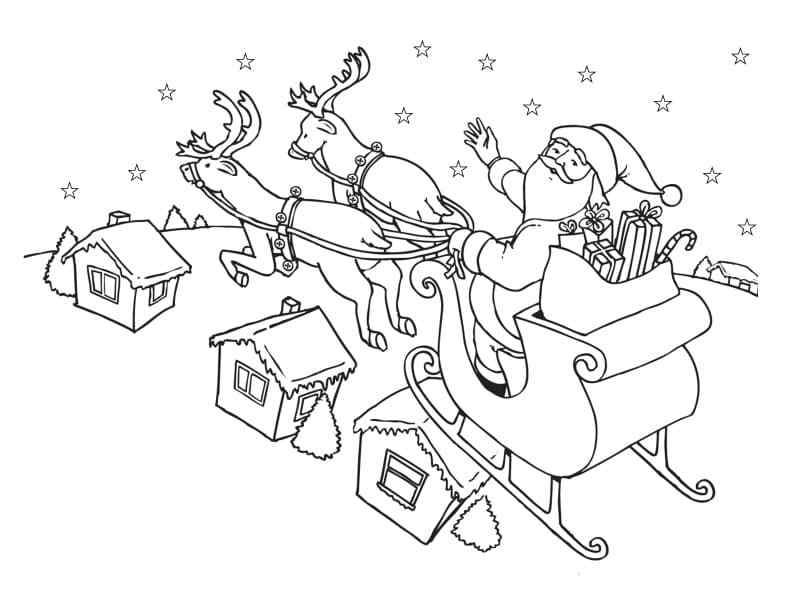 Santa And Reindeer To Give Gifts Coloring Page