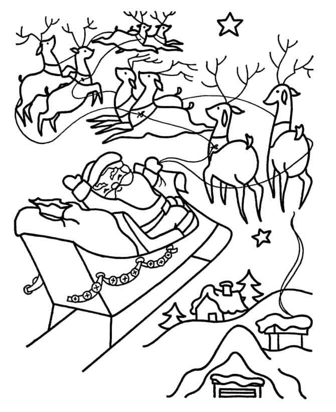 Santa With A Team Flies To Hand Out Gifts Coloring Page