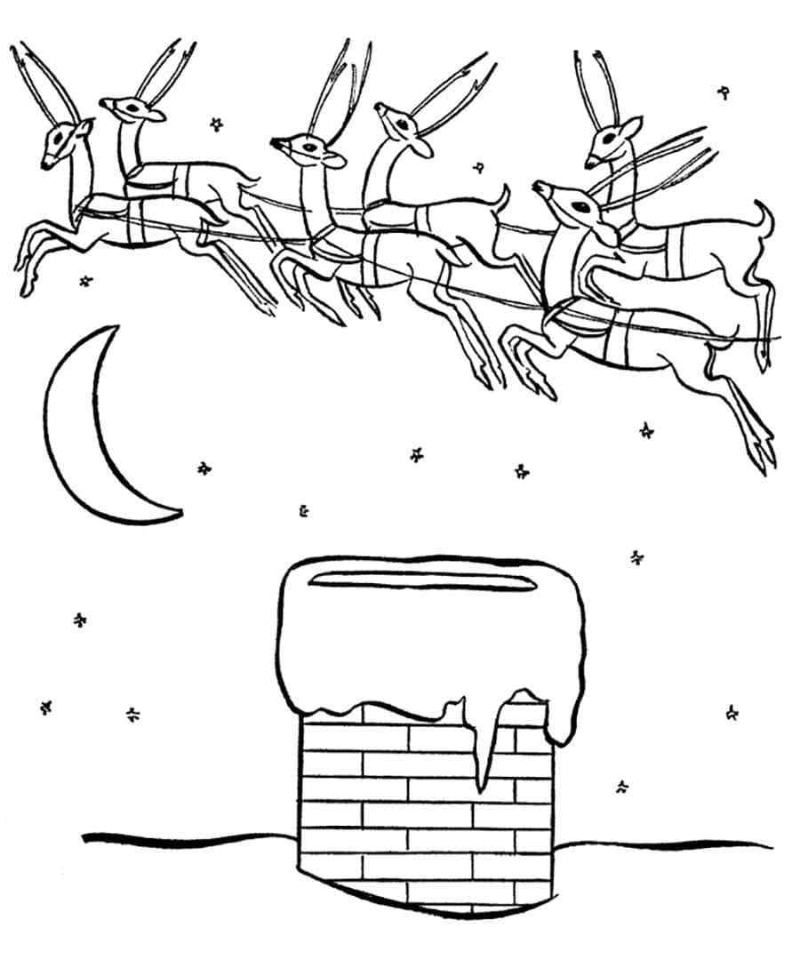 Santa’s Classic Team Of Eight Flying Deer Coloring Page