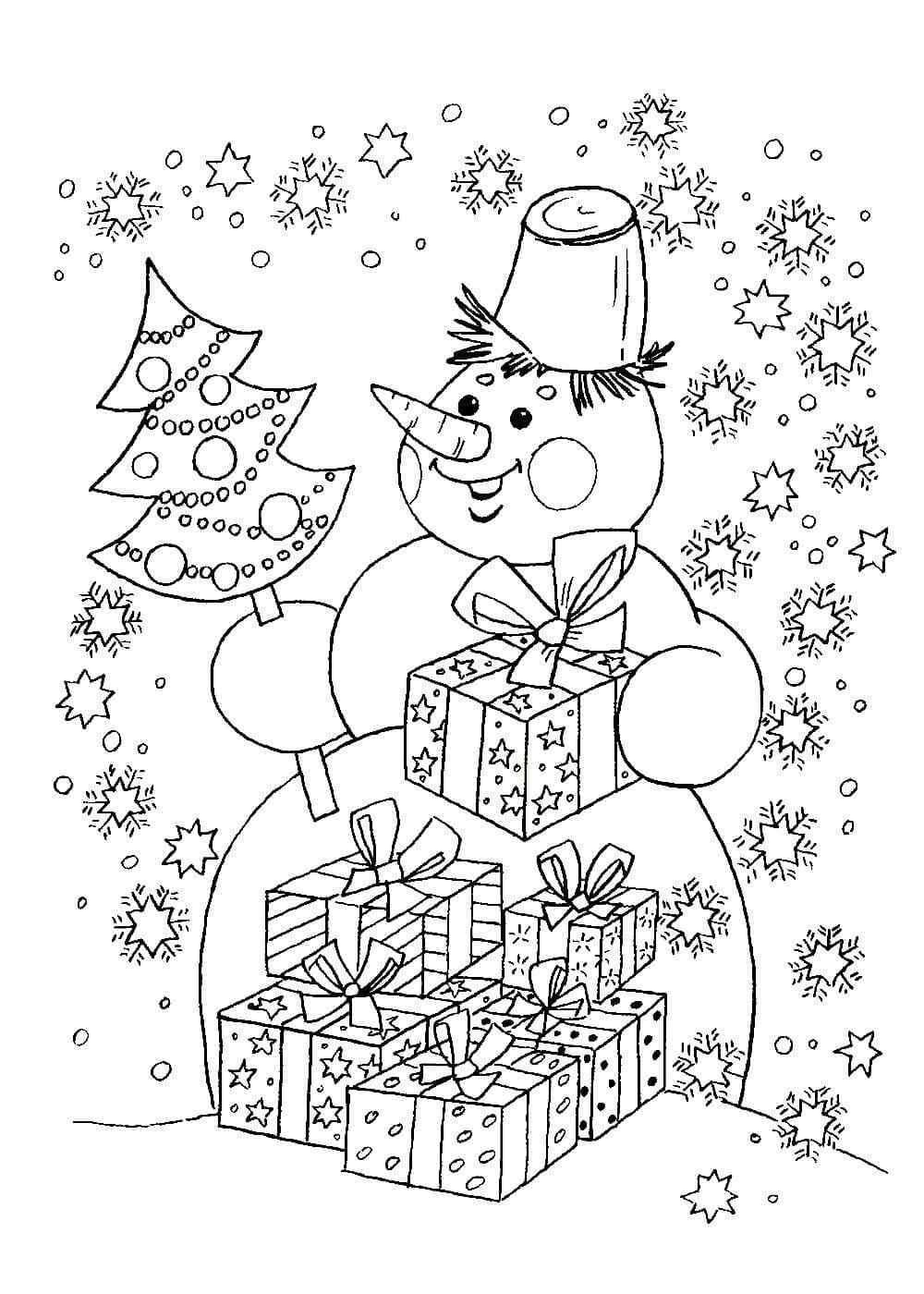 Snowman Helps Santa Collect Christmas Gift Coloring Page