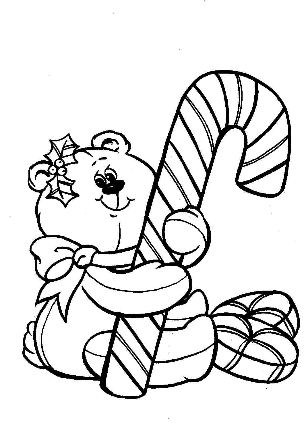 The Bear Brought A Candy Cane As A Gift Coloring Page