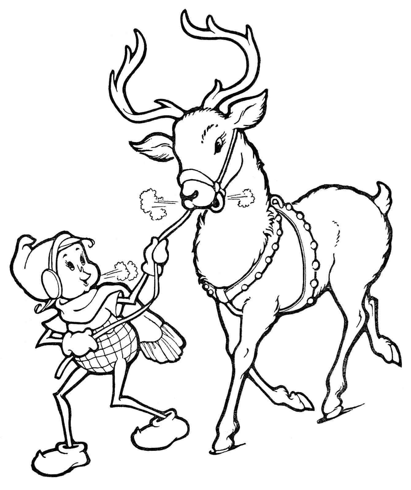 Elf Leads The Deer To The Harness Coloring Page