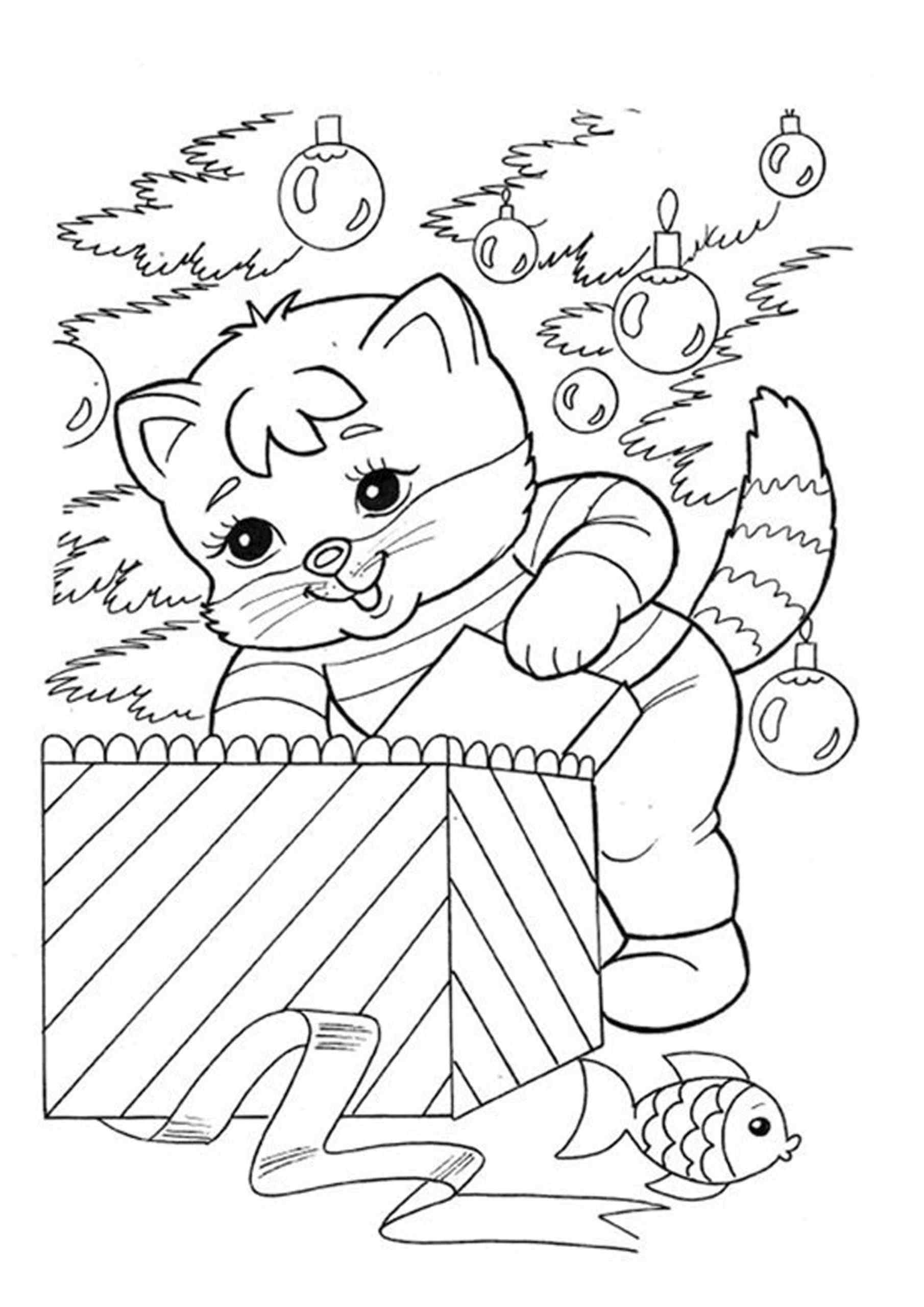 The Kitten Unpacks The Gift Coloring Page