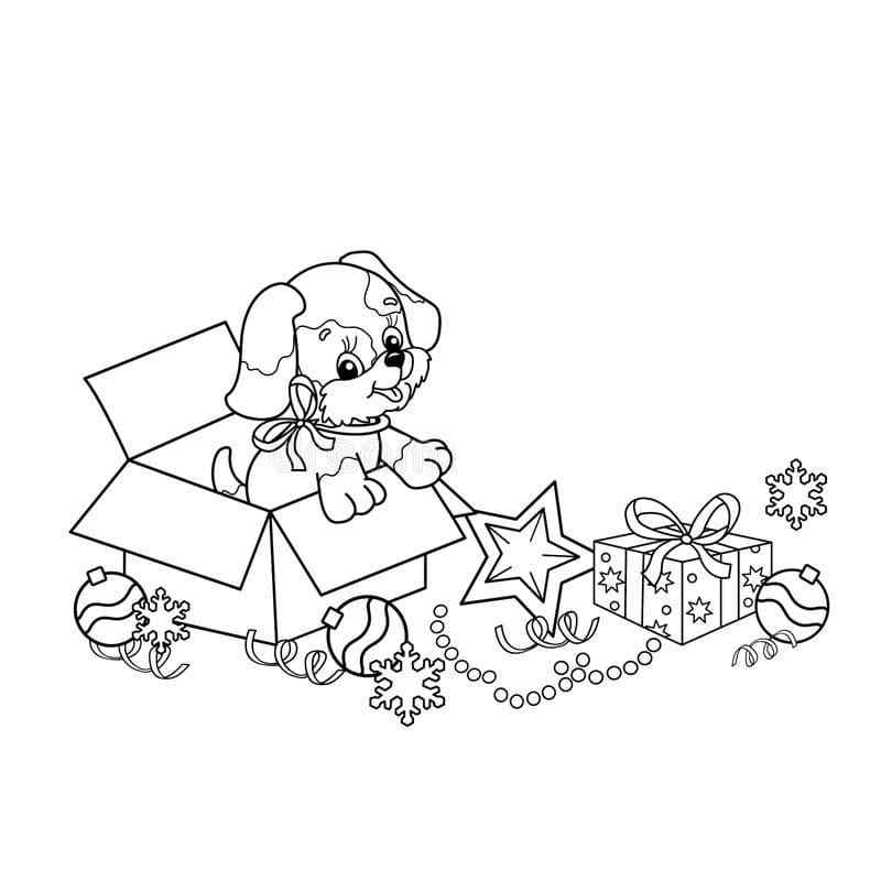 The Most Beautiful Gift And Puppy For Christmas Coloring Page