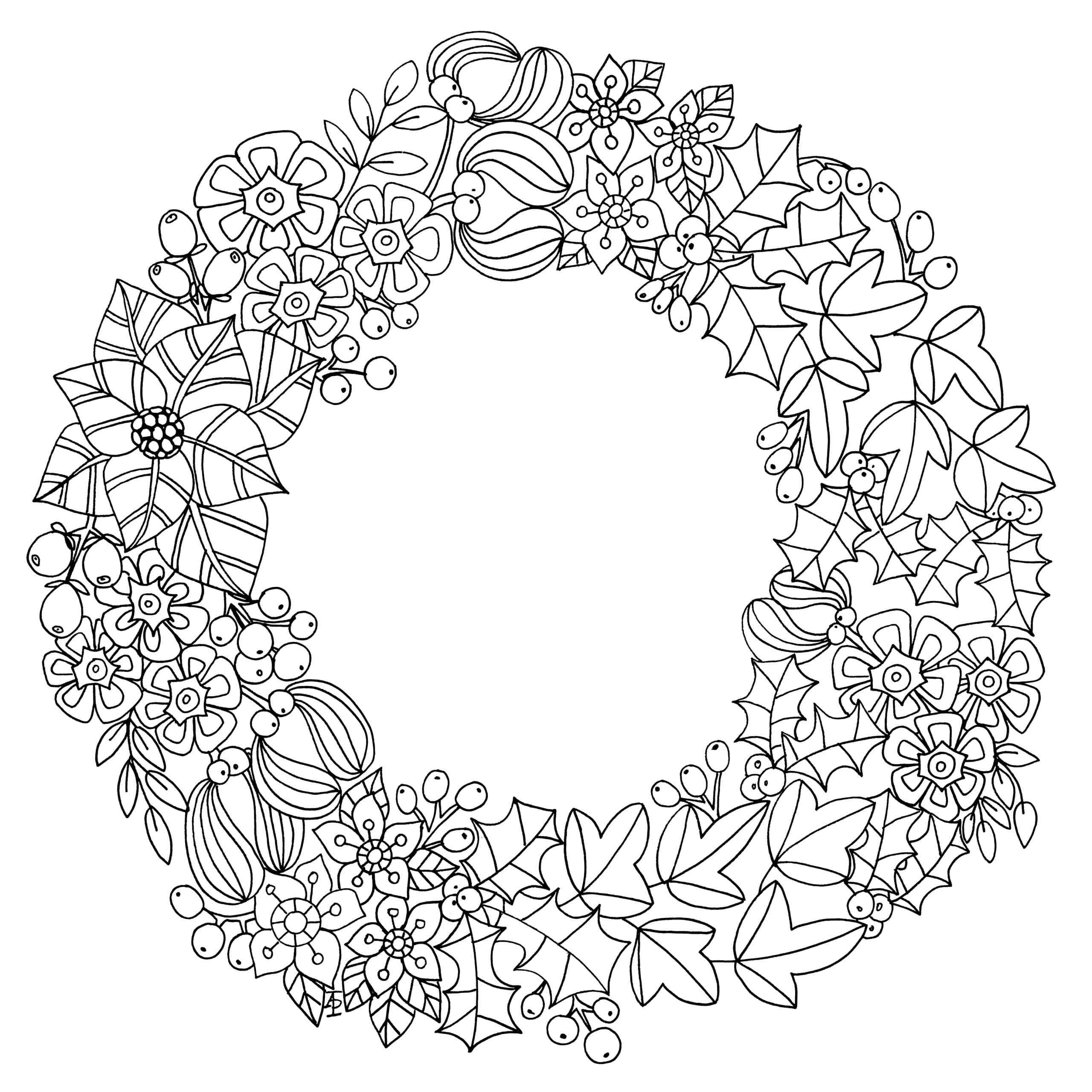 Unusual Wreath Of Various Winter Flowers Coloring Page