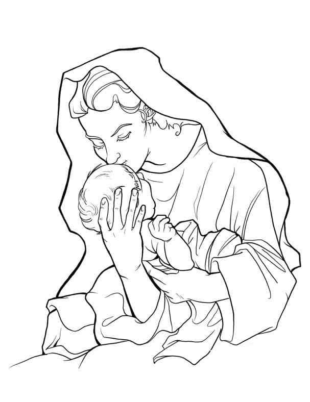 Virgin Mary Kisses Her God Child Coloring Page