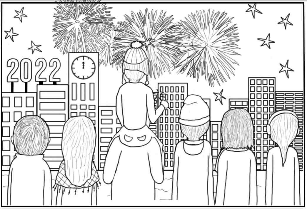 Watching New Year 2022 Fireworks Coloring Page