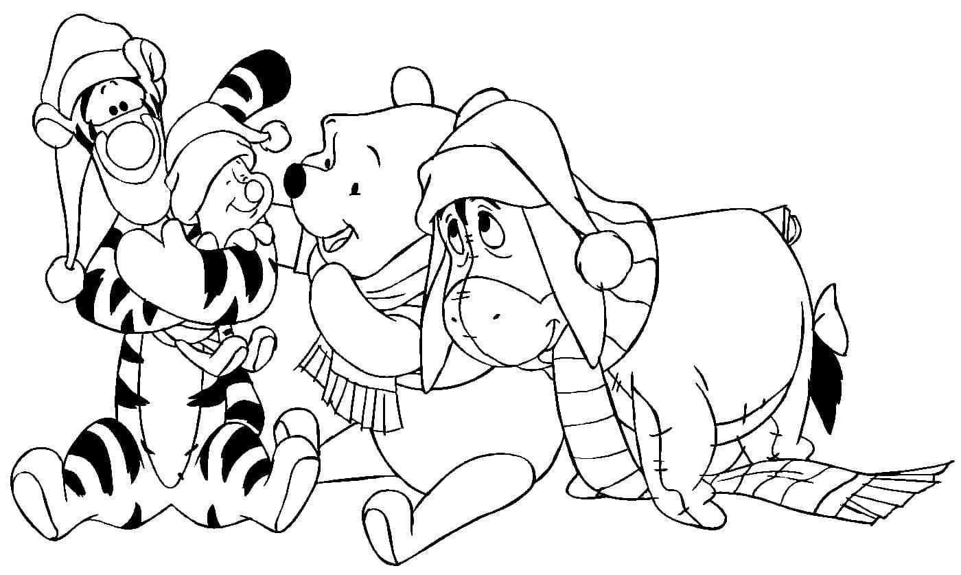 Winnie The Pooh And His Friends For Christmas Coloring Page