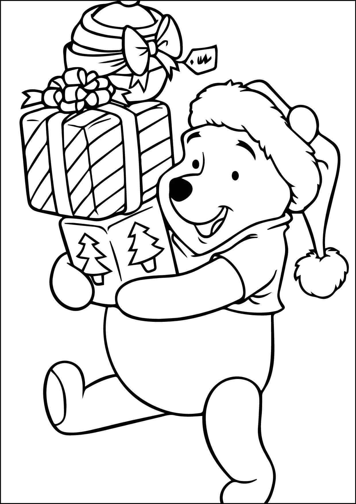 Winnie The Pooh Carries Christmas Gift For His Friends Coloring Page