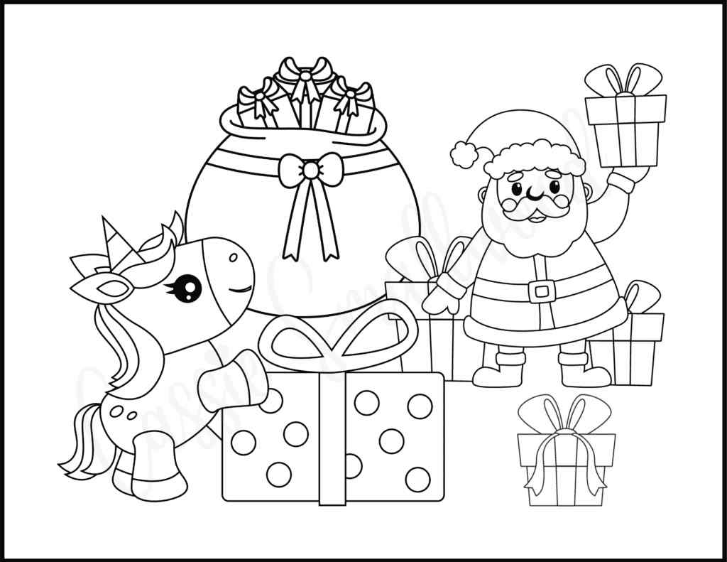 Christmas Unicorn And Santa Coloring Page