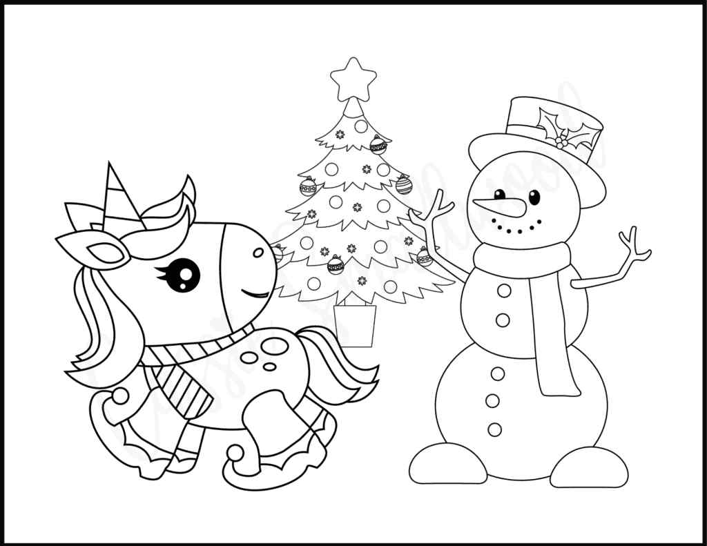 Christmas Unicorn And Snoman Coloring Page