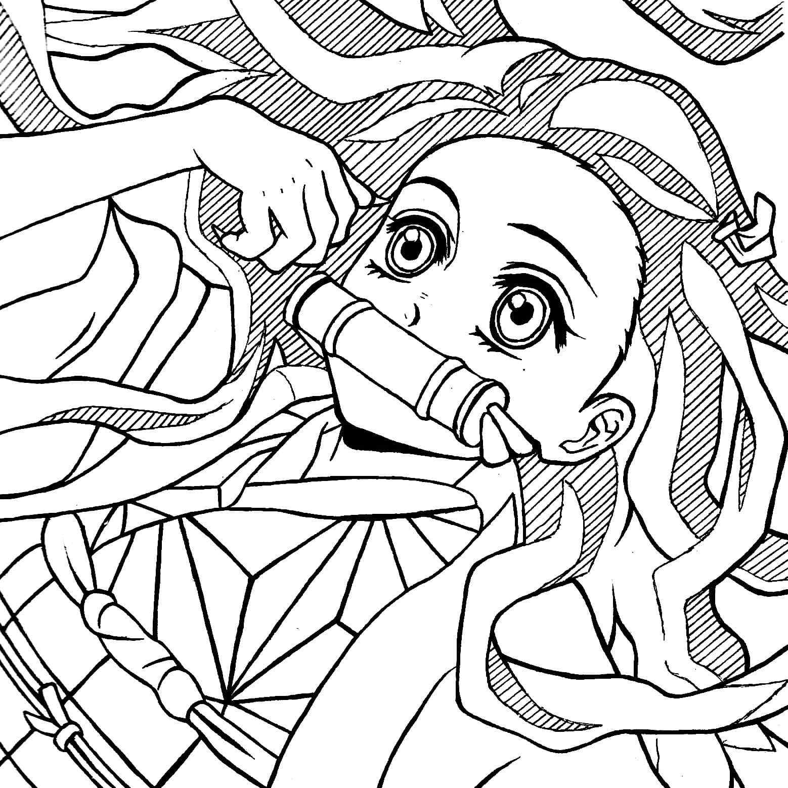 Nezuko Carries A Bamboo Stick Coloring Page