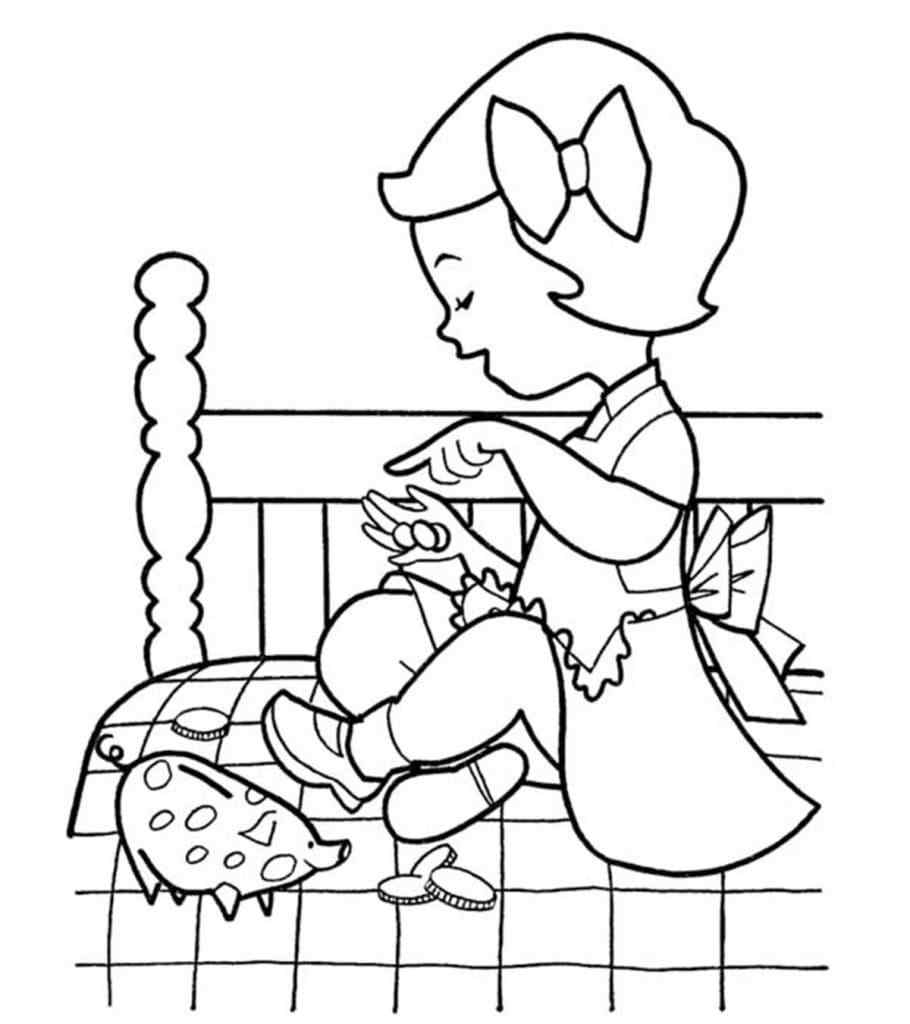 The Girl Counts Her Savings Coloring Page