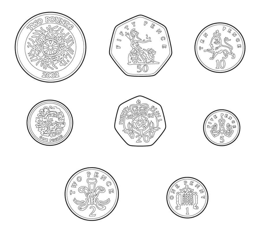 Various Coins Of Various Values Coloring Page