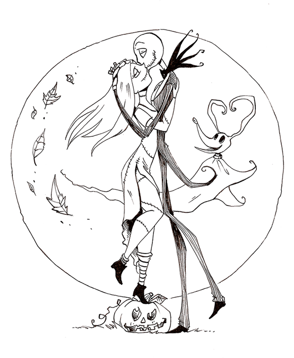 Jack and Sally Infrontof Moon Coloring Page