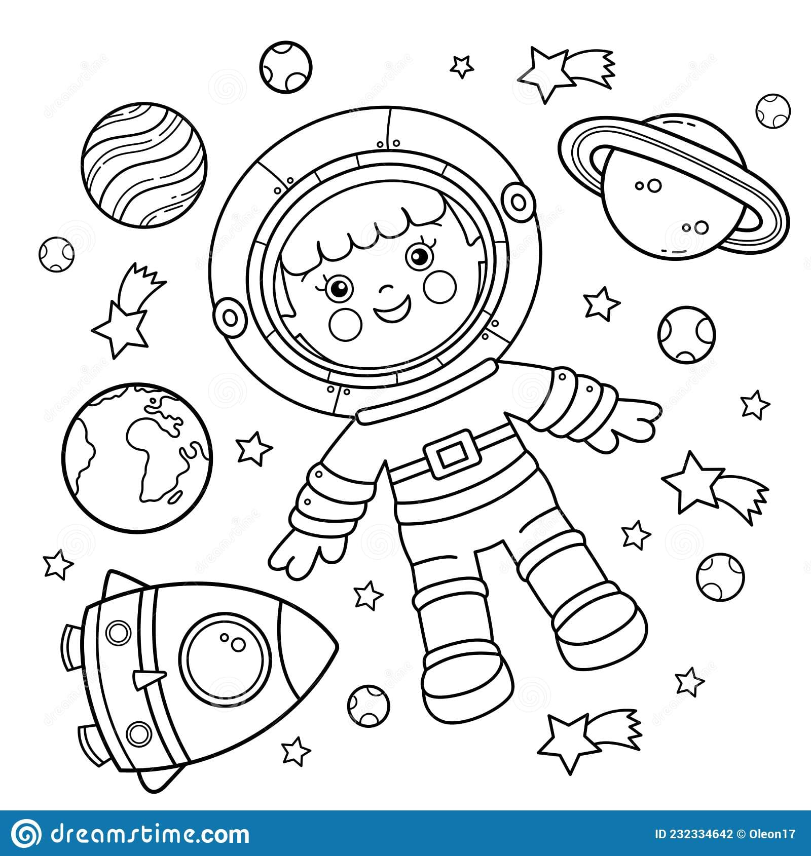 A Cartoon Astronaut with rocket in space Coloring Page