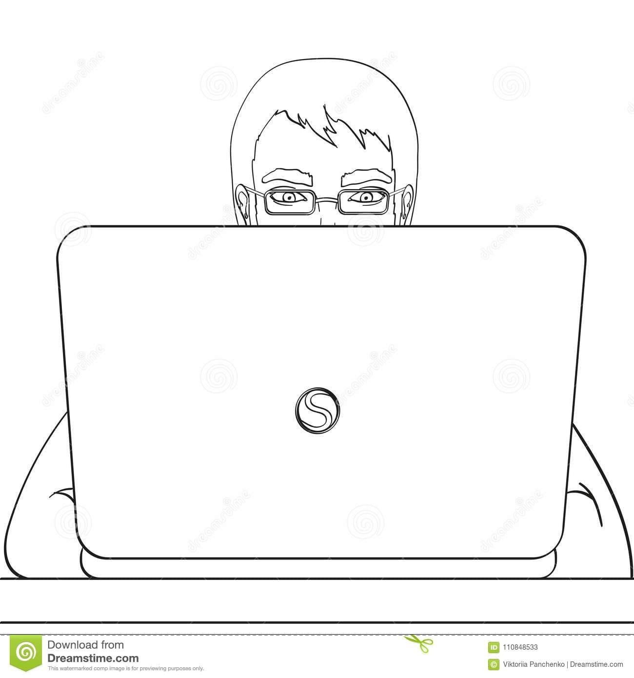 A male programmer works for laptops, IT staff at the computer Coloring Page
