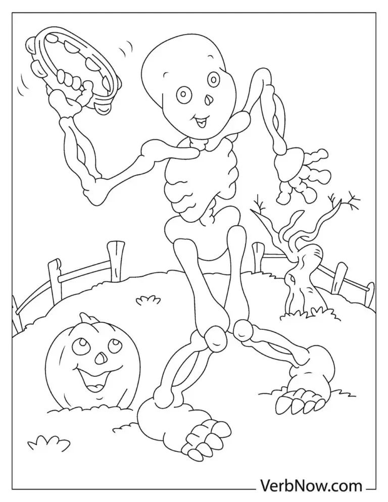 A skeleton dancing while holding a tambourine together with a pumpkin Coloring Page