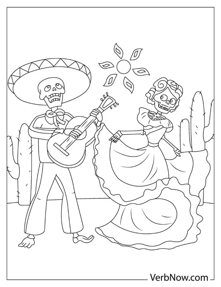 A skeleton man playing the guitar while a skeleton lady wearing a beautiful dress is dancing