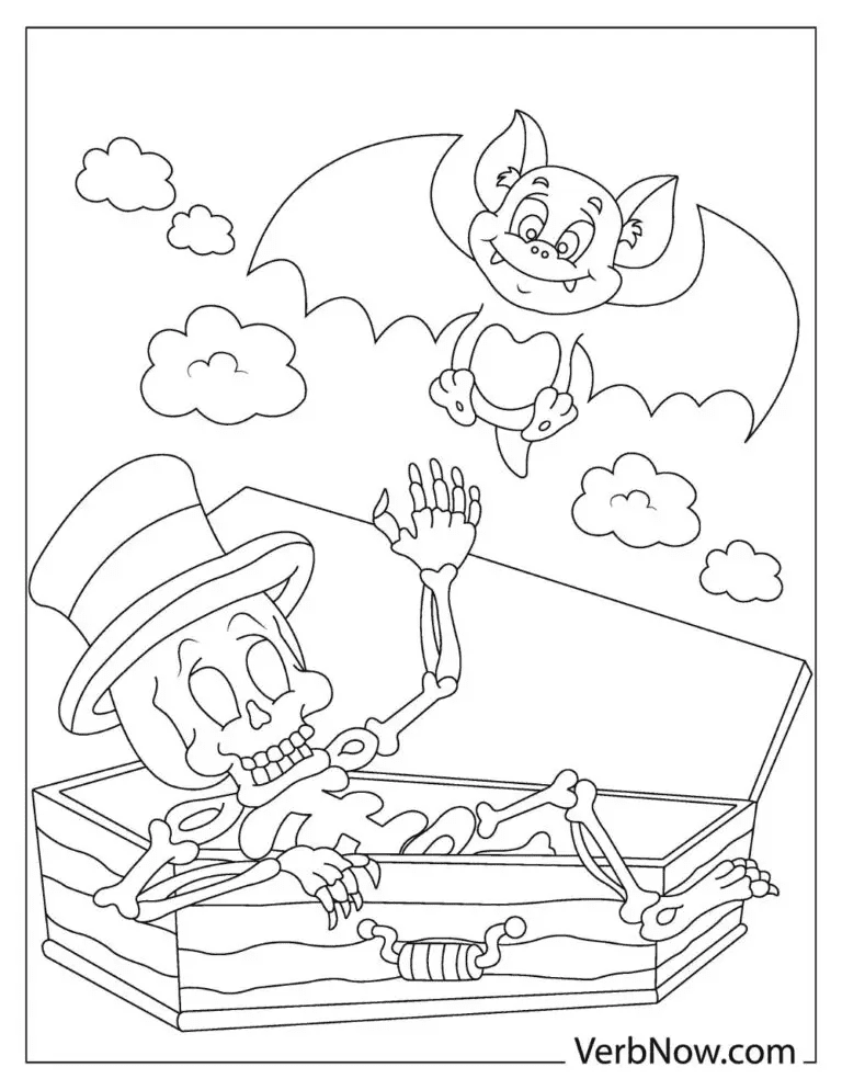 A skeleton wearing a hat coming out of a coffin with a bat flying above it Coloring Page