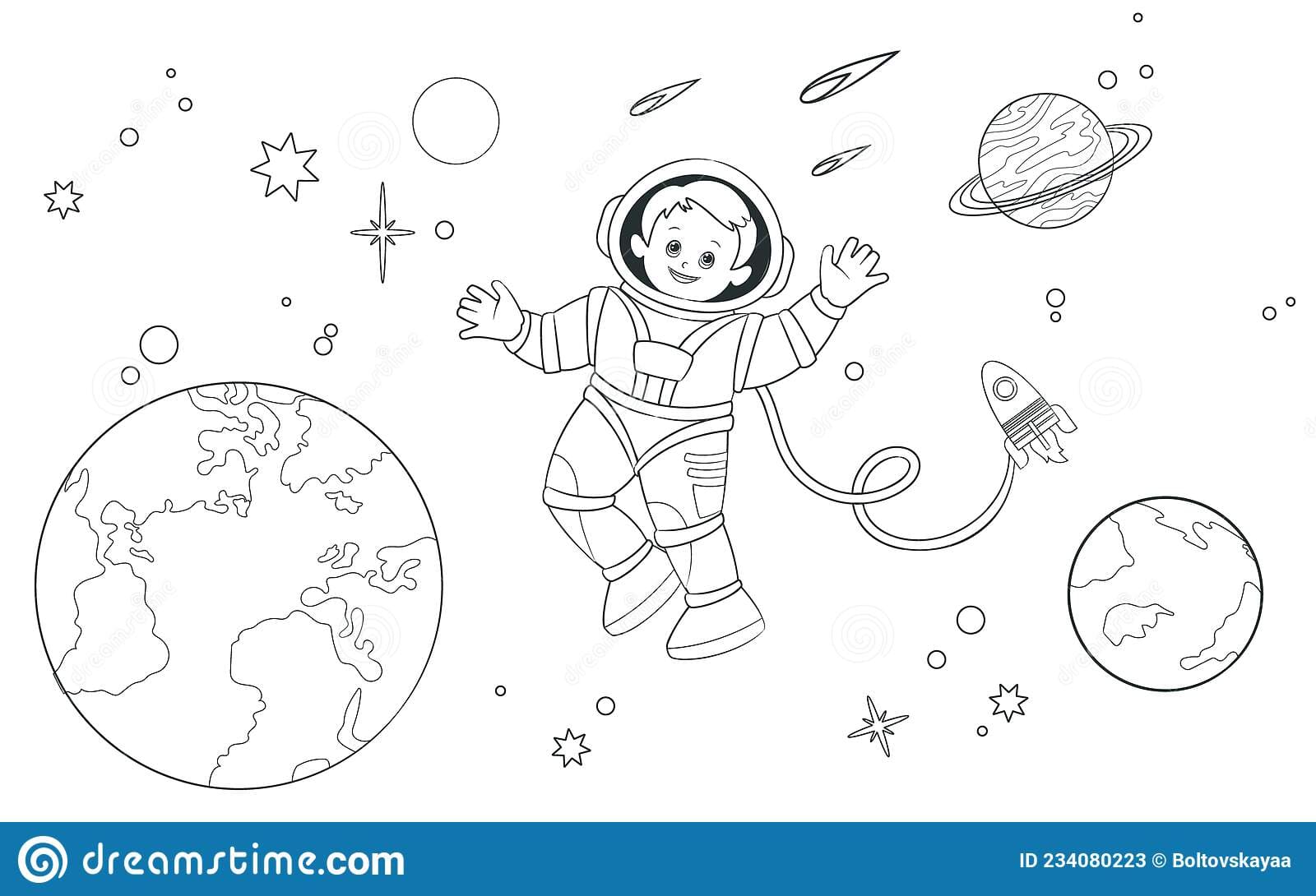A young astronaut soars in open space against Of The Earth Coloring Page