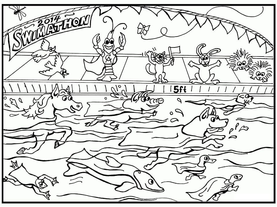 Animals in Swimming Pool Coloring Page
