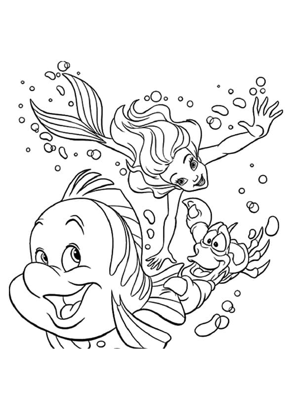 Ariel Flounder And Sebastian underwater swimming coloring page Coloring Page