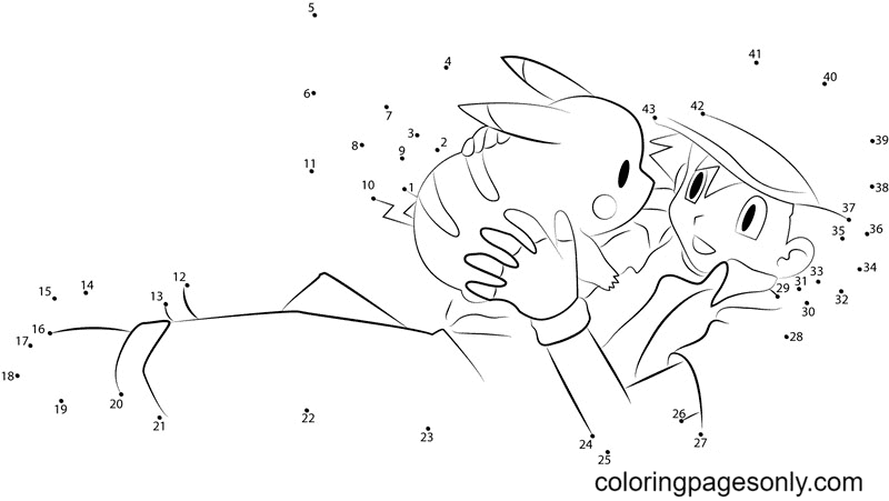 Ash and Pikachu Dot to Dot Coloring Page