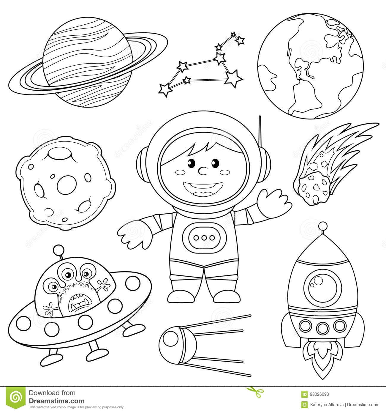 Astronaut, Earth, saturn, moon, UFO, rocket, comet, constellation, sputnik and stars Coloring Page