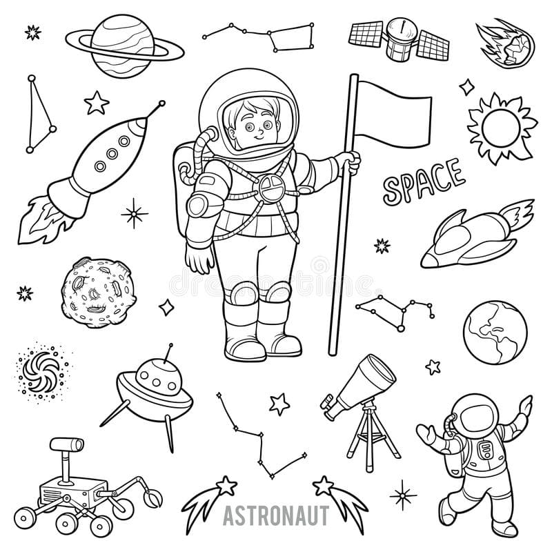 Astronaut Space Objects Cartoon Black White Coloring Page