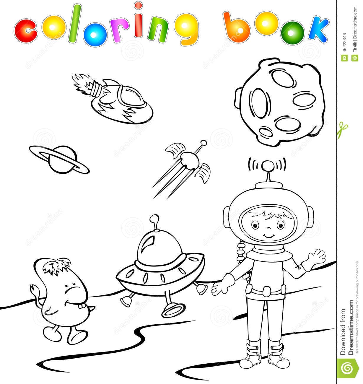 Astronaut and space monster near the rocket Coloring Page