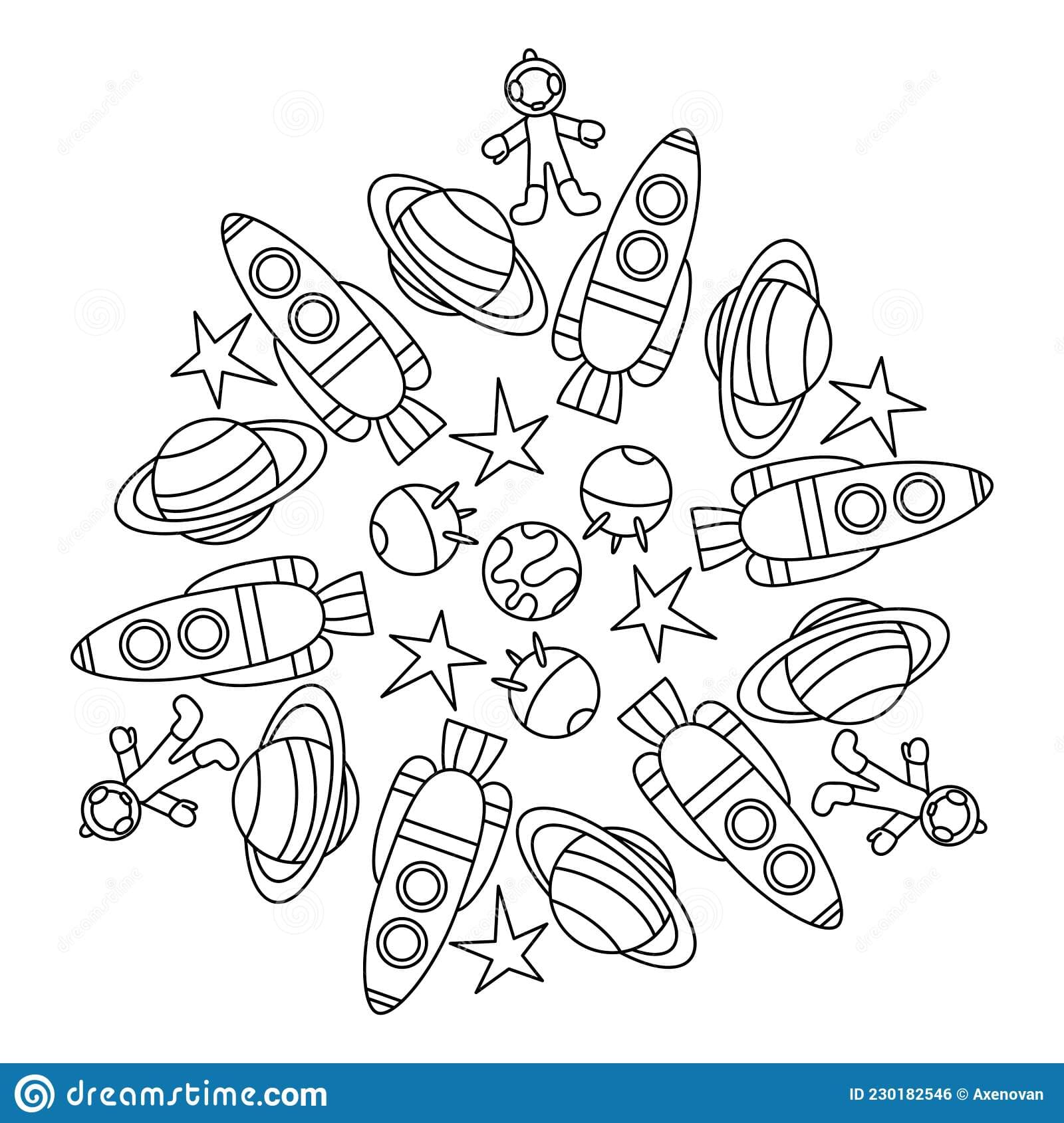 Astronaut spaceship planet stars Coloring Page