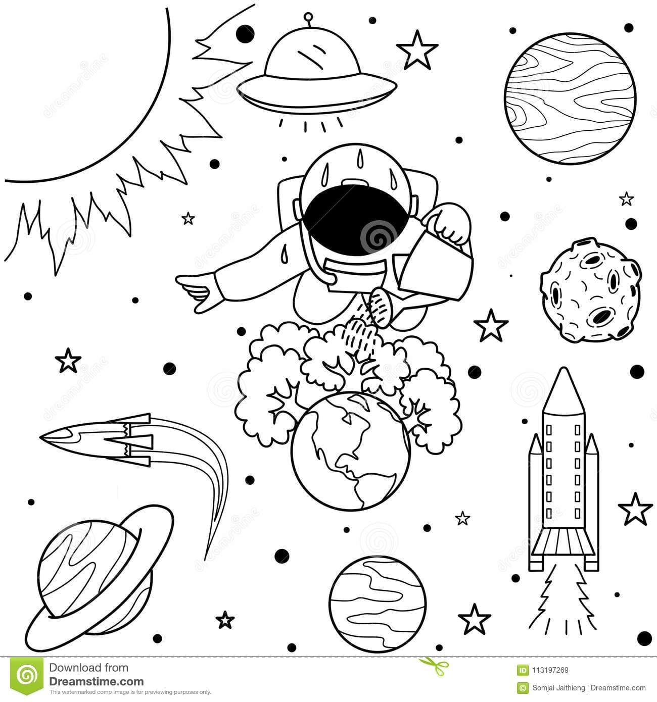 Astronaut watering the tree Coloring Page