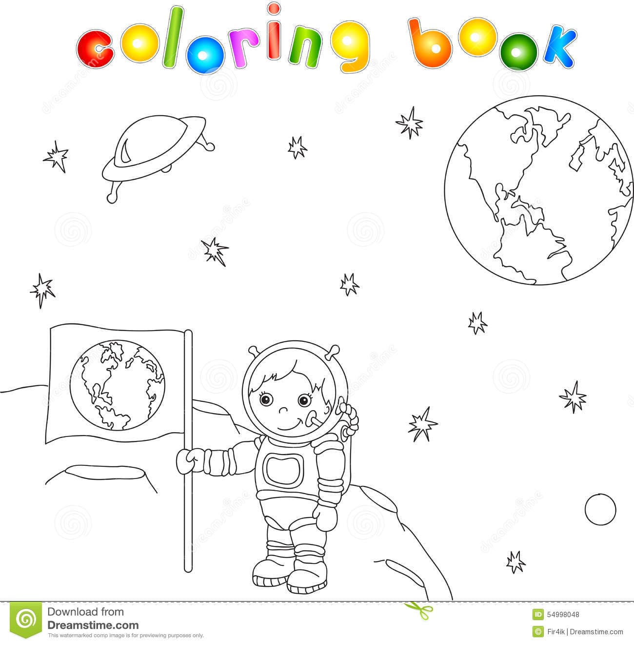 Astronaut with Earth flag on the moon surface in space Coloring Page