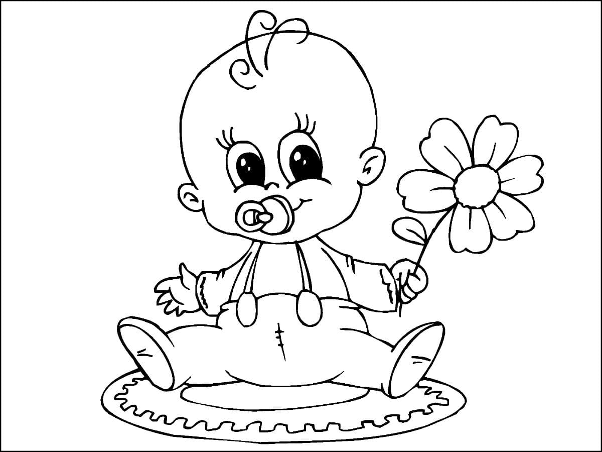 Baby With Flowers Coloring Page