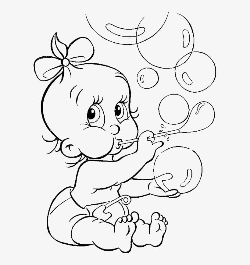 Baby and Bubbles Coloring Page