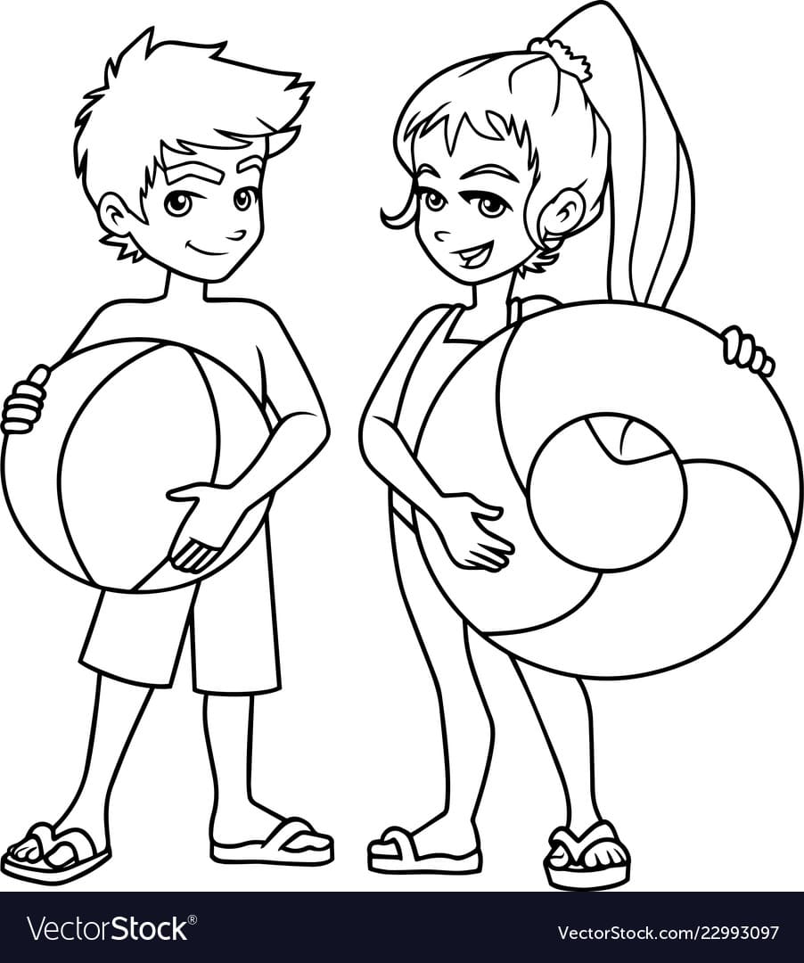 Beach kids with accessories line art vector image Coloring Page