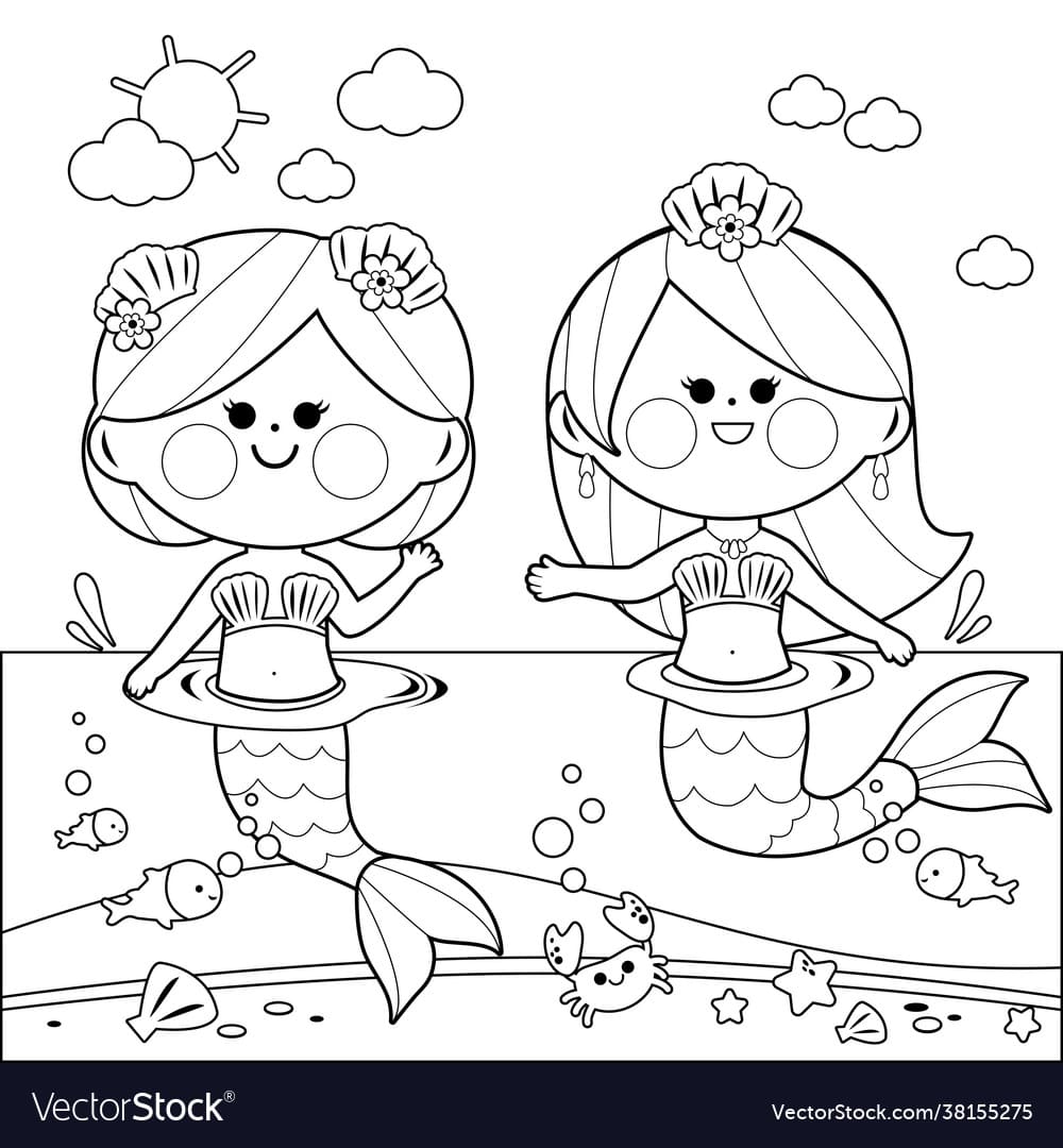 Beautiful mermaids swimming in water vector image Coloring Page