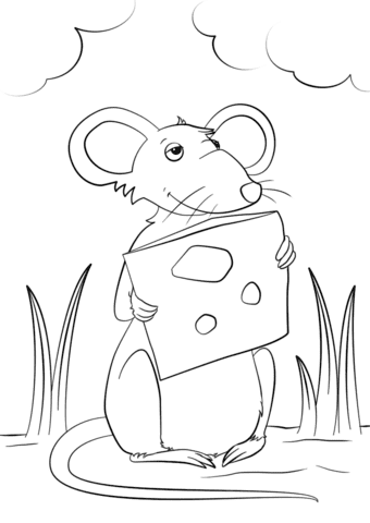 Cartoon Mouse Holding Cheese Coloring Page