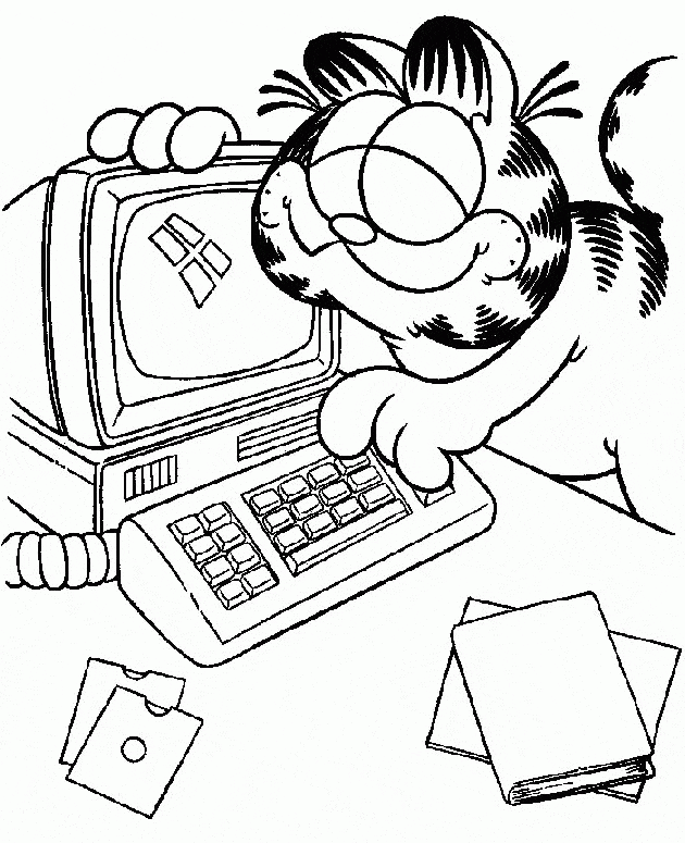 Cat and Computer Picture Coloring Page