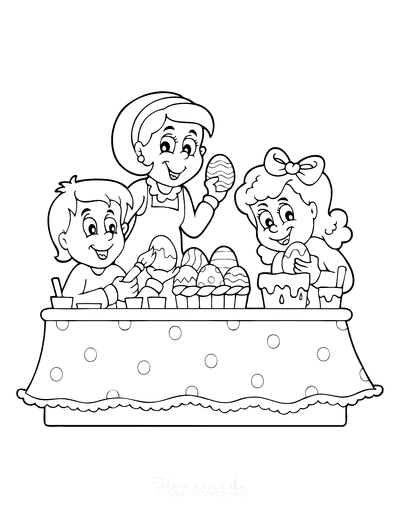 Children Decorating Eggs Picture to Color Coloring Page
