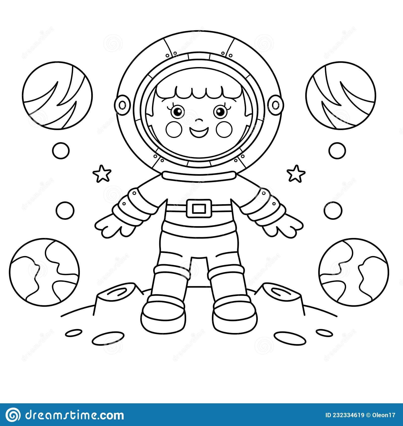 Coloring Page Outline Of a cartoon astronaut in spacesuit on planet Coloring Page