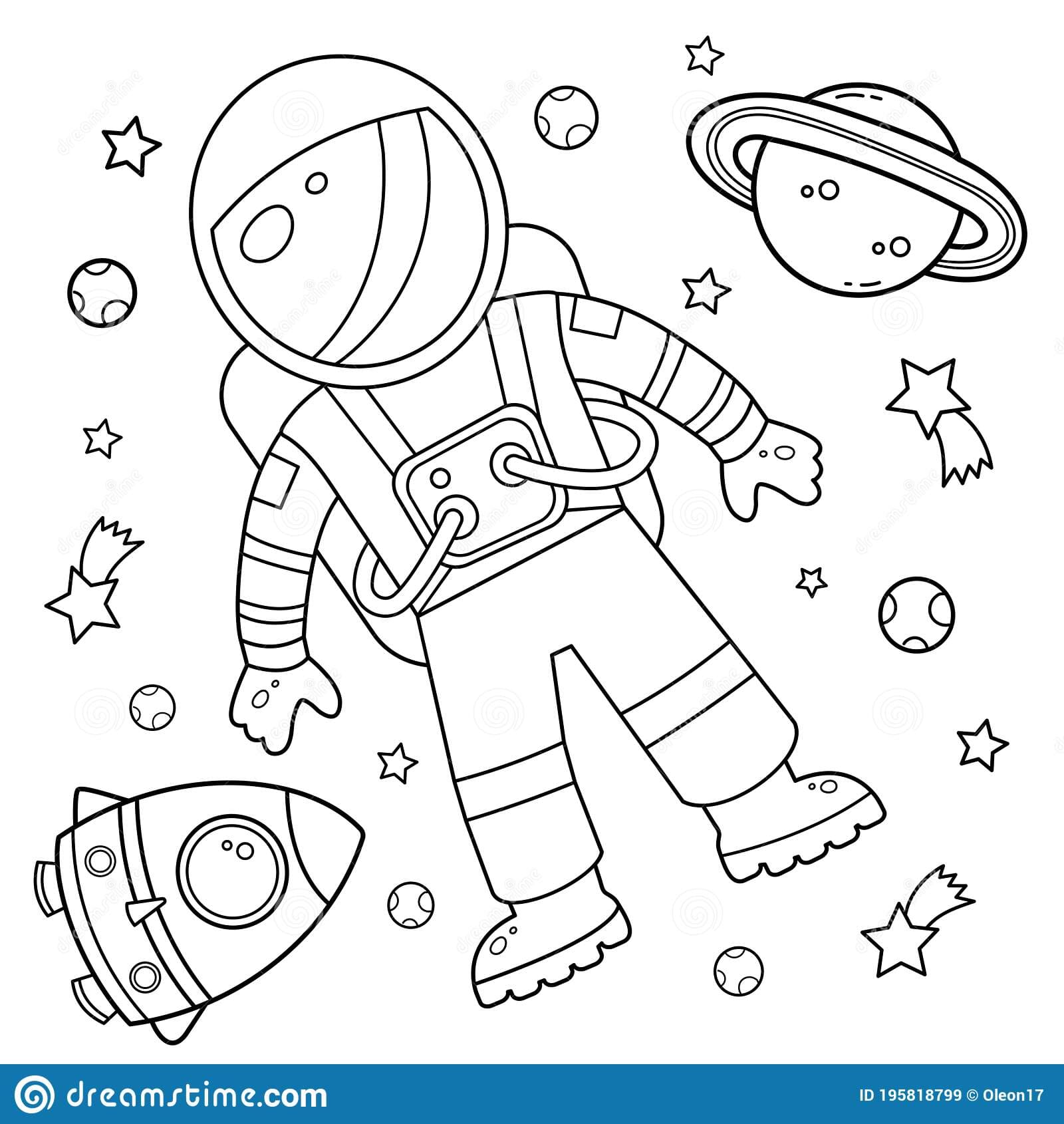 Coloring Page Outline Of a cartoon rocket With Astronaut in space