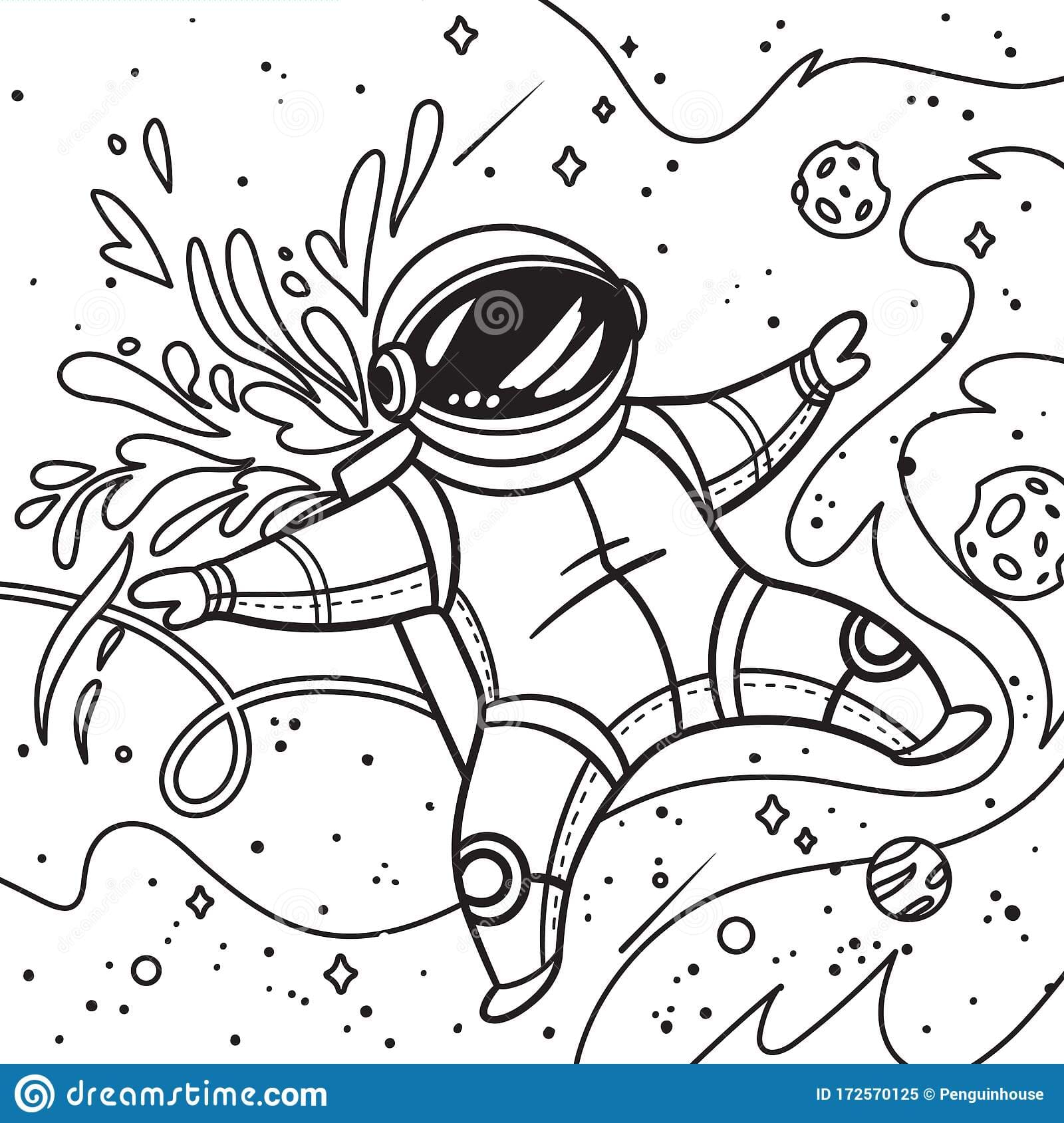 Contour print with cartoon astronaut flies with leaves in outer space