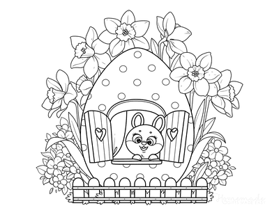 Cute Bunny, Egg, Daffodils Coloring Page Coloring Page