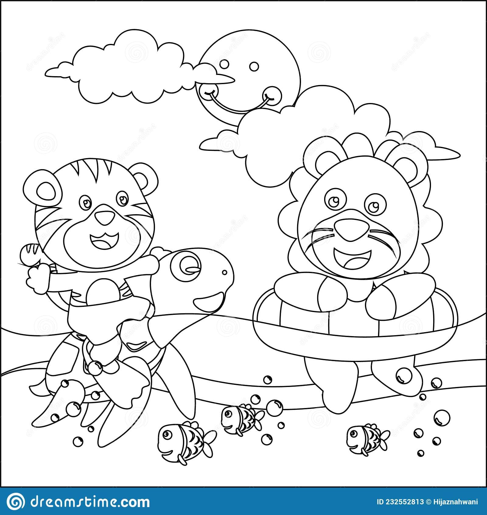 Cute Lion Swimming Coloring Page
