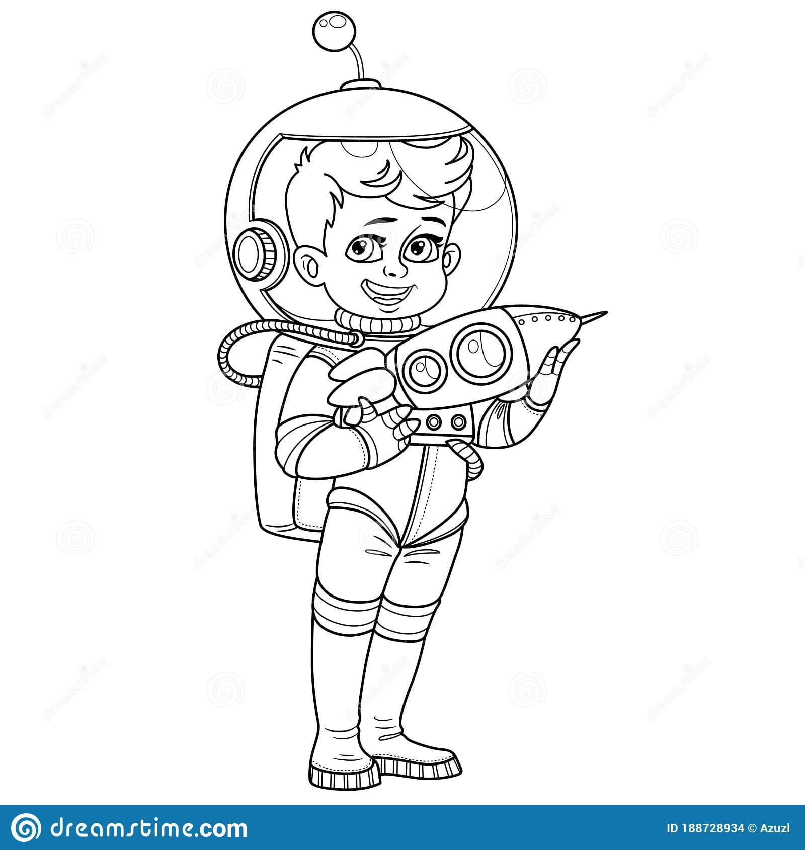 Cute boy in suit of an astronaut with a rocket in his hands outlined for coloring page