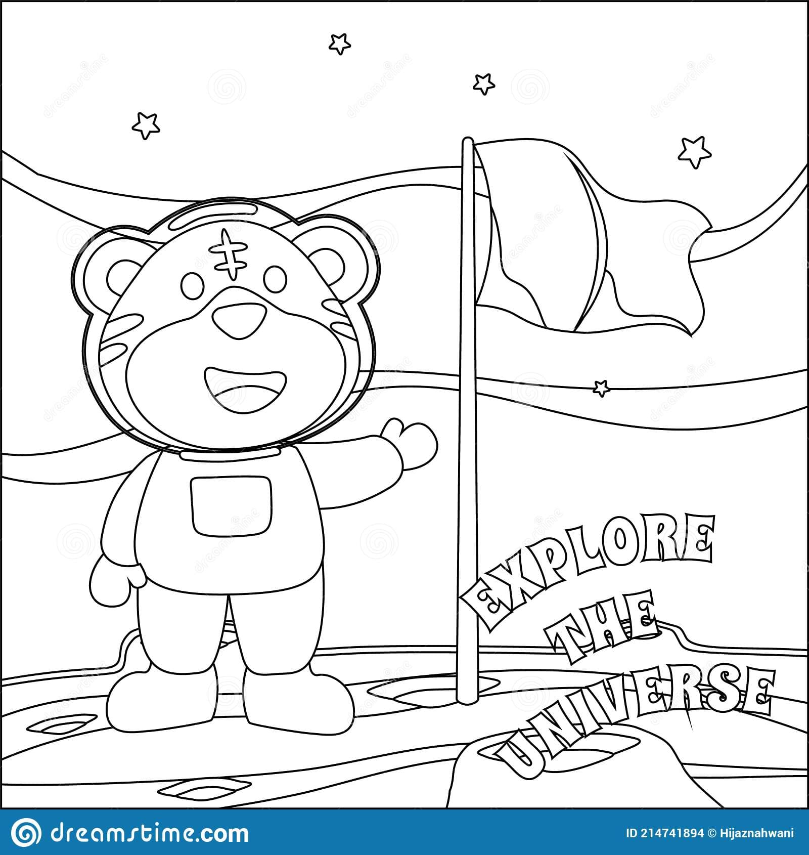 Cute tiger astronaut with flag on the red planet To print Coloring Page